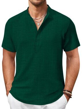Men's Dark green Casual Henley Shirt Short Sleeve Linen Beach Summer Tops